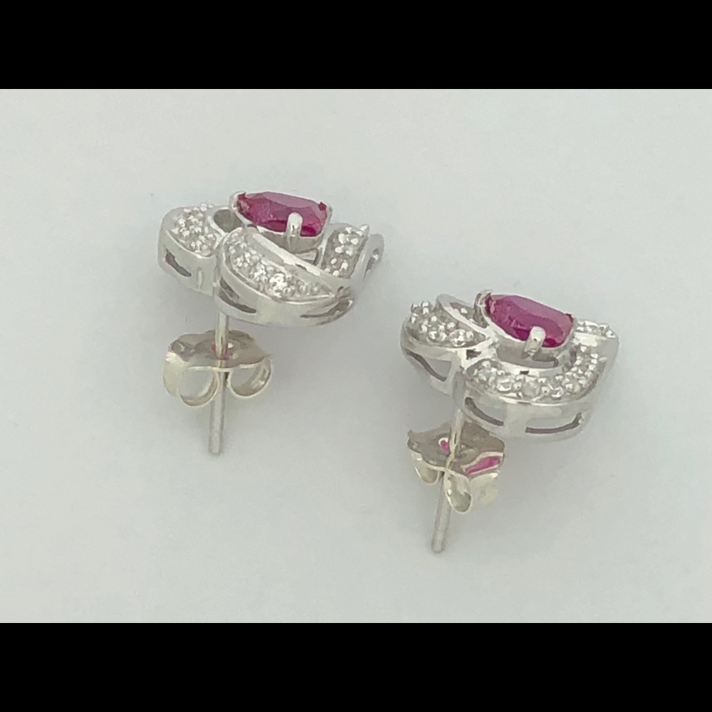 Created Ruby With White Topaz Heart Earrings - image 3